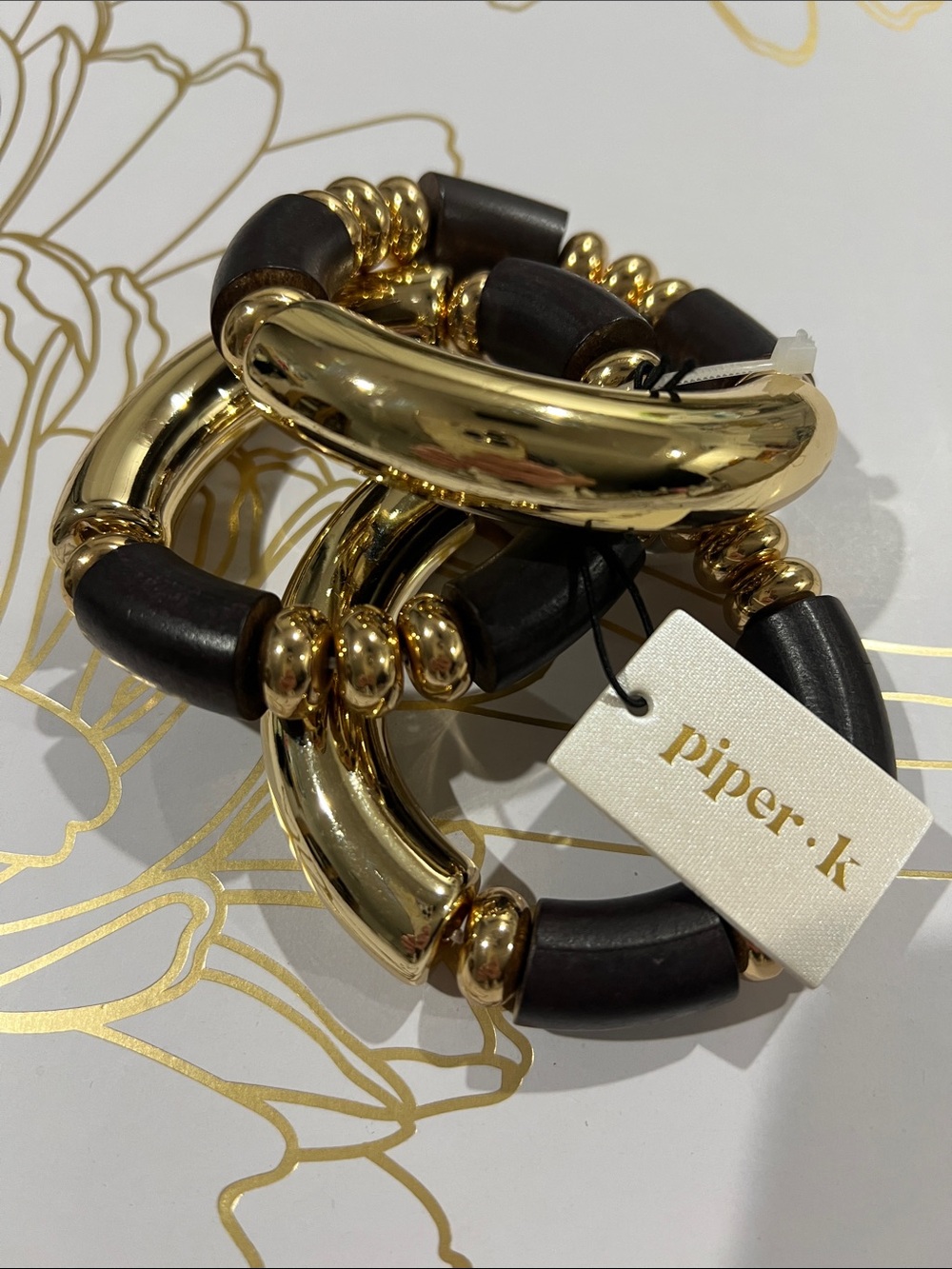 Piper K | Stretch Bracelet Trio Set 3 Gold Wood Chunky Boho